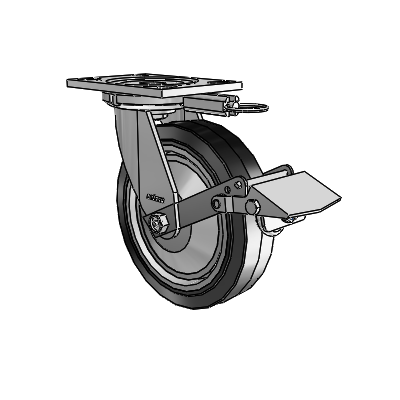 6 Series Casters Top Plate Swivel Zinc Caster with 8 x 2 Black on Grey Performa Rubber (Flat/Black) Wheel and Tread Lock Brake