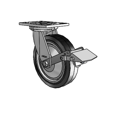 6 Series Casters Top Plate Swivel Zinc Caster with 8 x 2 Black on Grey Performa Rubber (Flat/Black) Wheel and Tread Lock Brake