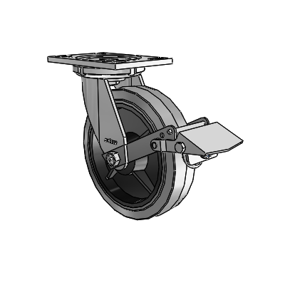 6 Series Casters Top Plate Swivel Zinc Caster with 8 x 2 Grey on Grey Performa Rubber (Flat/Conductive) Wheel and Tread Lock Brake