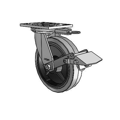 6 Series Casters Top Plate Swivel Zinc Caster with 8 x 2 Grey on Grey Performa Rubber (Flat/Conductive) Wheel and Tread Lock Brake
