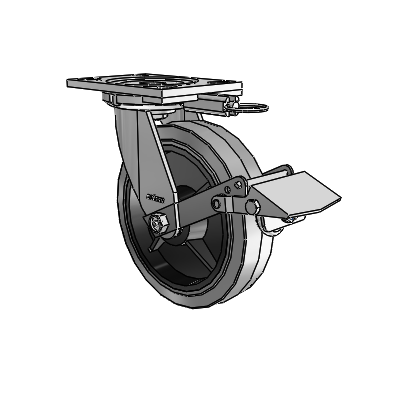 6 Series Casters Top Plate Swivel Zinc Caster with 8 x 2 Grey on Grey Performa Rubber (Flat/Conductive) Wheel and Tread Lock Brake