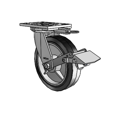 6 Series Casters Top Plate Swivel Zinc Caster with 8 x 2 Black on Grey Performa Rubber (Flat/Black) Wheel and Tread Lock Brake