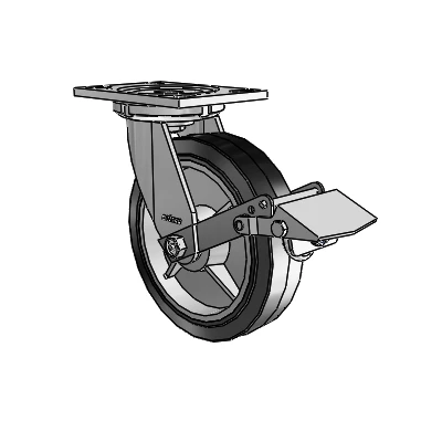 6 Series Casters Top Plate Swivel Zinc Caster with 8 x 2 Black on Grey Performa Rubber (Flat/Black) Wheel and Tread Lock Brake