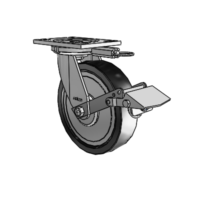 Roulettes de la série 6 : roulette pivotante à plaque supérieure en zinc, équipée d'une roue en polyoléfine noire de 8 x 2 et d'un frein à blocage de la bande de roulement
