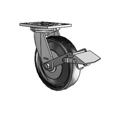 6 Series Casters Top Plate Swivel Zinc Caster with 8 x 2 Black Endura Solid Elastomer Wheel and Tread Lock Brake