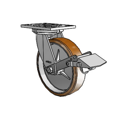 6 Series Casters Top Plate Swivel Zinc Caster with 8 x 2 Brown on Silver Moldon Nylon (Aluminum Core) Wheel and Tread Lock Brake