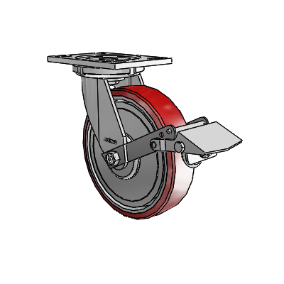 Roulettes de la série 6, plaque supérieure pivotante en zinc, avec roue en polyuréthane Moldon (noyau en aluminium) de 8 x 2, couleur bordeaux sur fond argenté, et frein à blocage de la bande de roulement
