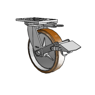 6 Series Casters Top Plate Swivel Zinc Caster with 8 x 2 Brown on Silver Moldon Nylon (Aluminum Core) Wheel and Tread Lock Brake