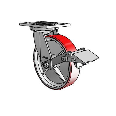 6 Series Casters Top Plate Swivel Zinc Caster with 8 x 2 Maroon on Silver Moldon Polyurethane (Cast Iron Core) Wheel and Tread Lock Brake
