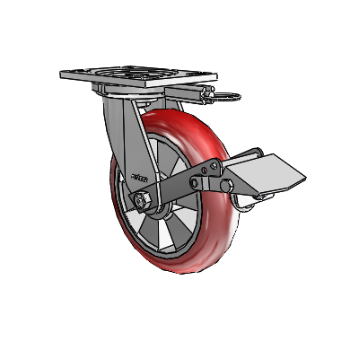 6 Series Casters Top Plate Swivel Zinc Caster with 8 x 2 Red on Silver Triumph (Round/Red) Wheel and Tread Lock Brake
