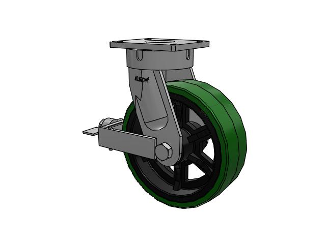 600 Series Top Plate Swivel Caster with 12 x 4 Green Tread on Black Cast Iron Core PX - Thick Polyurethane (Cast Iron Core) Wheel and Face Brake