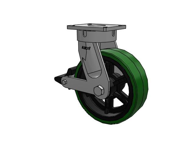 600 Series Top Plate Swivel Caster with 12 x 4 Green Tread on Black Cast Iron Core PX - Thick Polyurethane (Cast Iron Core) Wheel and Poly Lock Integrated Brake