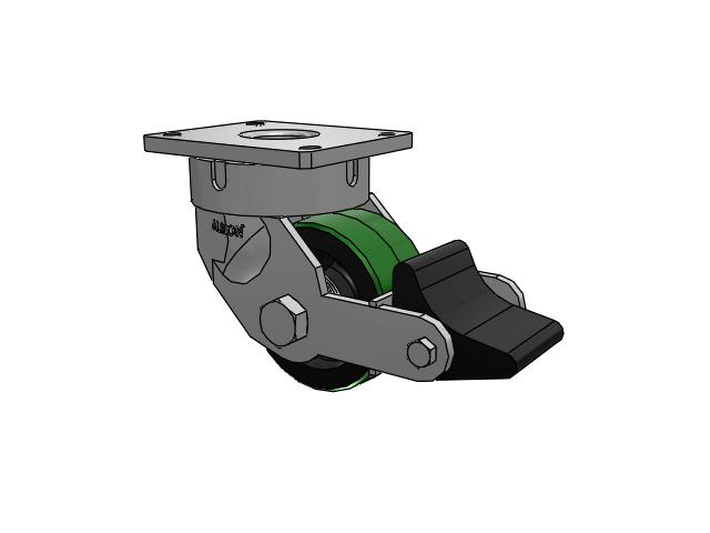 600 Series Top Plate Swivel Caster with 6 x 3 Green Tread on Black Cast Iron Core PY - Polyurethane (Cast Iron Core) Wheel and Poly Lock Integrated Brake