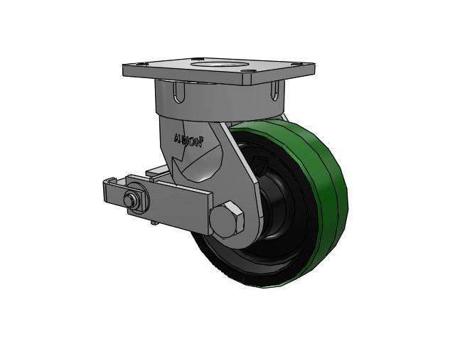 600 Series Top Plate Swivel Caster with 8 x 3 Green Tread on Black Cast Iron Core PY - Polyurethane (Cast Iron Core) Wheel and Poly Cam Brake