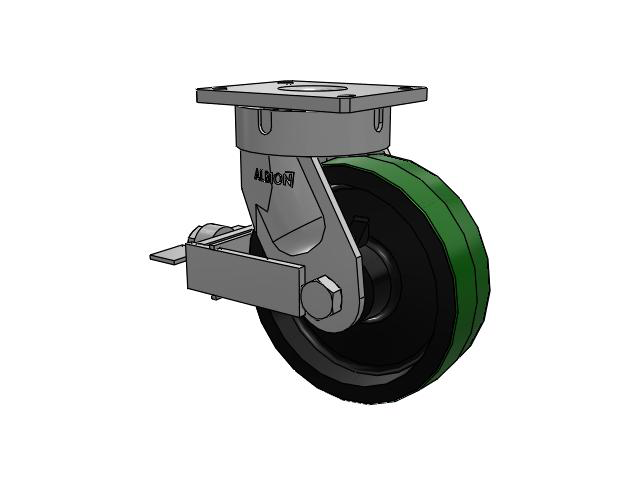 600 Series Top Plate Swivel Caster with 10 x 3 Green Tread on Black Cast Iron Core PY - Polyurethane (Cast Iron Core) Wheel and Face Brake