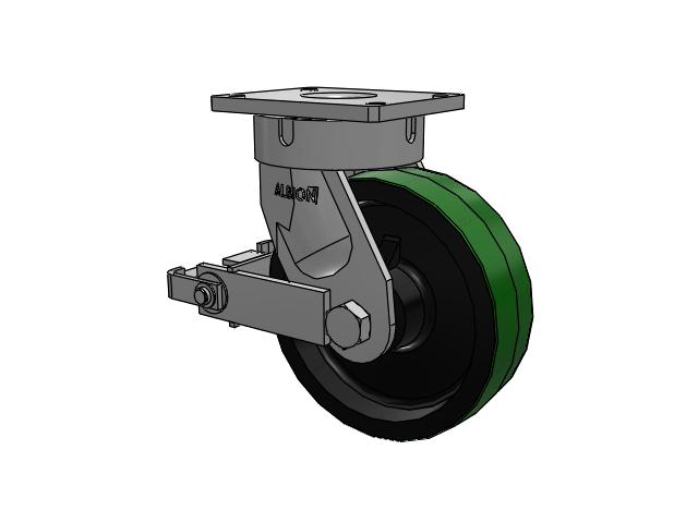 600 Series Top Plate Swivel Caster with 10 x 3 Green Tread on Black Cast Iron Core PY - Polyurethane (Cast Iron Core) Wheel and Poly Cam Brake
