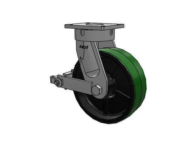 600 Series Top Plate Swivel Caster with 12 x 4 Green Tread on Black Cast Iron Core PY - Polyurethane (Cast Iron Core) Wheel and Poly Cam Brake