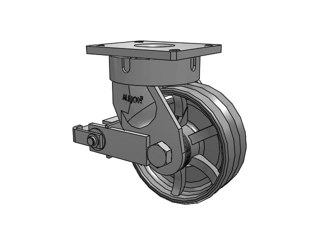 600 Series Top Plate Swivel Caster with 8 x 3 Silver Enamel Paint VG - Cast Iron V-Groove Wheel and Poly Cam Brake