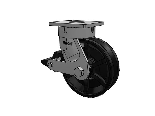 600 Series Top Plate Swivel Caster with 10 x 3 Flat Black Paint VM - Ductile V-Groove Wheel and Poly Lock Integrated Brake