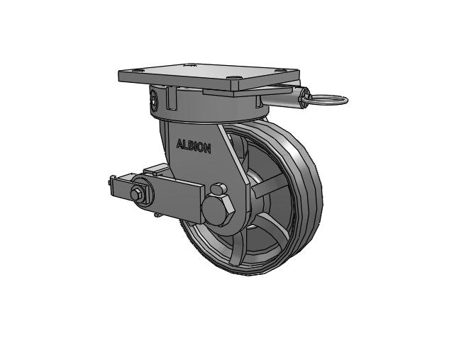 610 Series Top Plate Swivel Silver Enamel Paint Caster with 8 x 2.5 VG - Cast Iron V-Groove Wheel and Poly Cam Brake