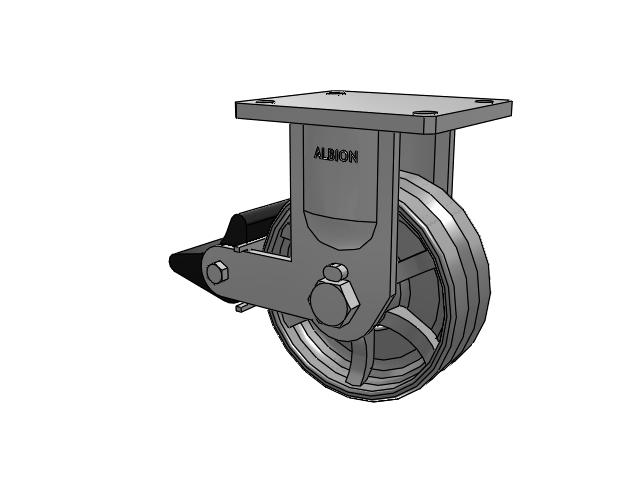 610 Series Top Plate Rigid Silver Enamel Paint Caster with 8 x 3 VG - Cast Iron V-Groove Wheel and Poly Lock Integrated Brake