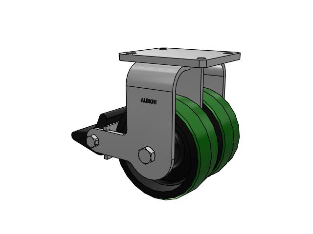 615 Series Top Plate Rigid Caster with 8 x 3 Green tread on black core PF - Polyurethane (Cast Iron Core) Wheel and Poly Lock Integrated Brake