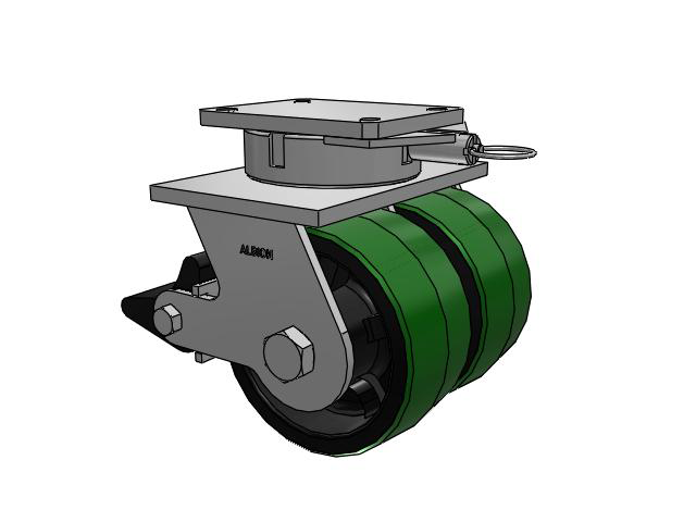 615 Series Top Plate Swivel Caster with 8 x 4 Green tread on black core PY - Polyurethane (Cast Iron Core) Wheel and Poly Lock Integrated Brake