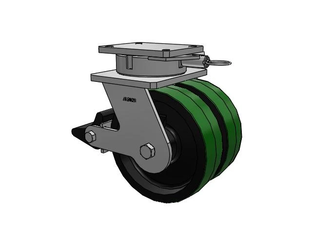 615 Series Top Plate Swivel Caster with 10 x 3 Green tread on black core PY - Polyurethane (Cast Iron Core) Wheel and Poly Lock Integrated Brake