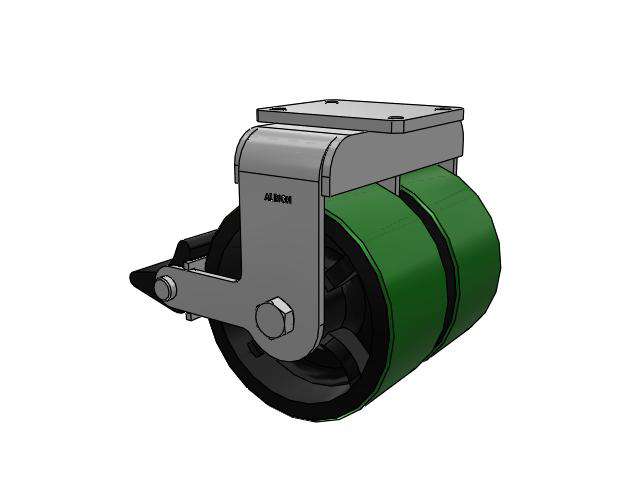 615 Series Top Plate Rigid Caster with 10 x 5 Green tread on black core PY - Polyurethane (Cast Iron Core) Wheel and Poly Lock Integrated Brake