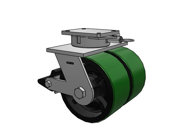 615 Series Top Plate Swivel Caster with 10 x 5 Green tread on black core PY - Polyurethane (Cast Iron Core) Wheel and Poly Lock Integrated Brake