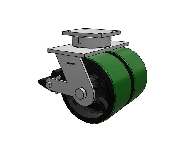615 Series Top Plate Swivel Caster with 10 x 5 Green tread on black core PY - Polyurethane (Cast Iron Core) Wheel and Poly Lock Integrated Brake