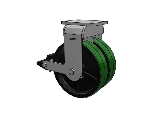 615 Series Top Plate Rigid Caster with 12 x 3 Green tread on black core PY - Polyurethane (Cast Iron Core) Wheel and Poly Lock Integrated Brake