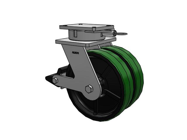 615 Series Top Plate Swivel Caster with 12 x 3 Green tread on black core PY - Polyurethane (Cast Iron Core) Wheel and Poly Lock Integrated Brake