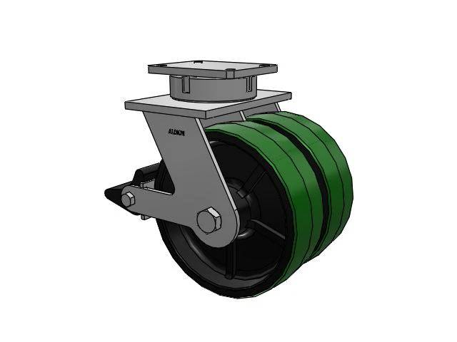 615 Series Top Plate Swivel Caster with 12 x 4 Green tread on black core PY - Polyurethane (Cast Iron Core) Wheel and Poly Lock Integrated Brake