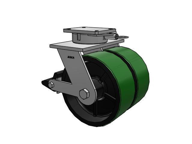 615 Series Top Plate Swivel Caster with 12 x 5 Green tread on black core PY - Polyurethane (Cast Iron Core) Wheel and Poly Lock Integrated Brake