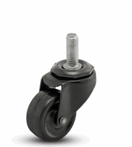 Swivel caster with black wheel and threaded stem mount