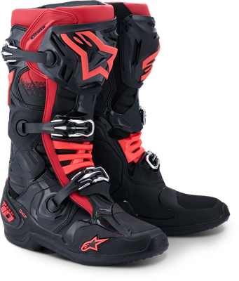 ALPINESTARS 2026 Tech 10 Boots in Black and Red color combination, high-quality motorcycle riding boots.