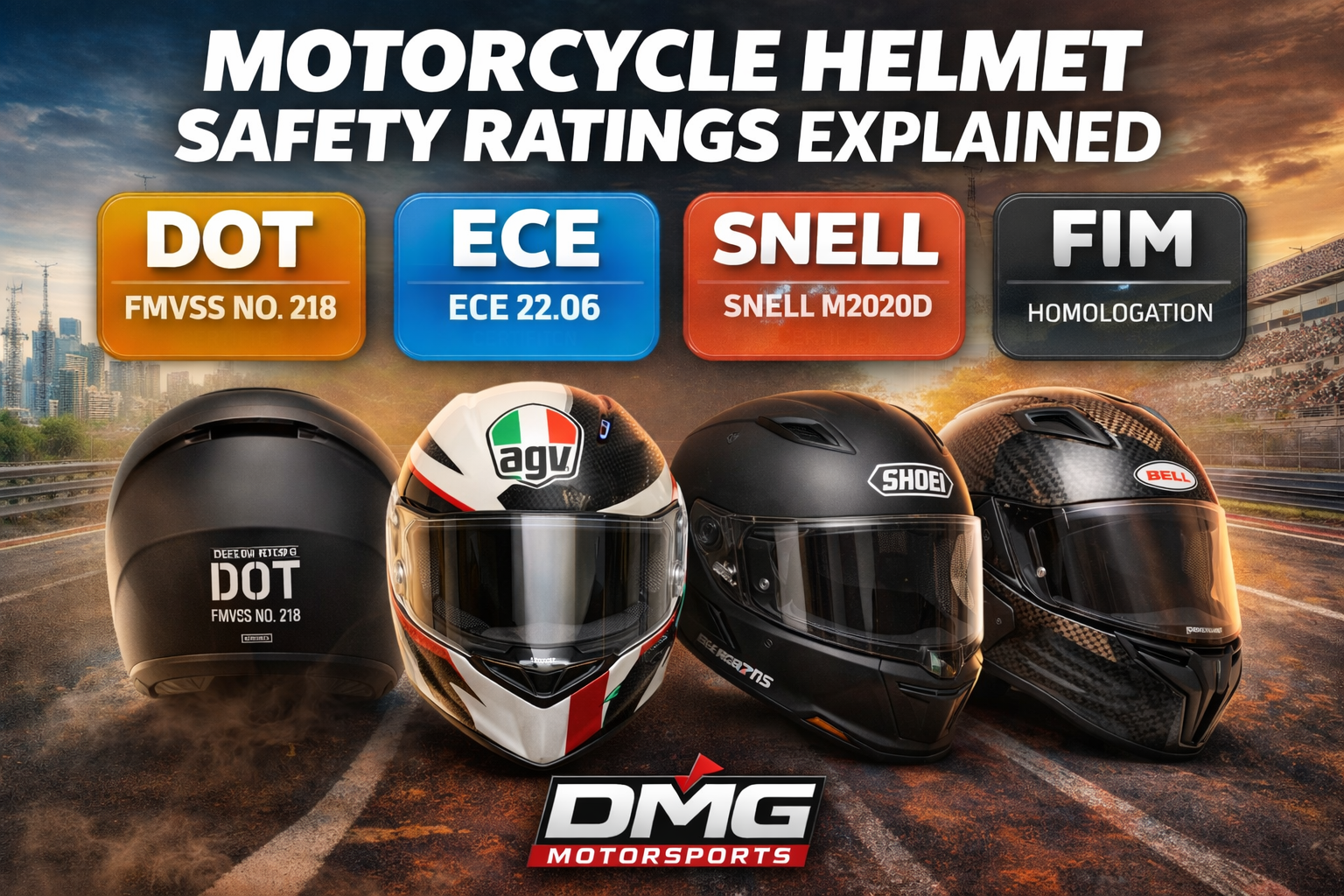 Motorcycle Helmet Safety Ratings Explained  DOT vs ECE vs Snell vs FIM  (2026 Guide) - DMG Motorsports