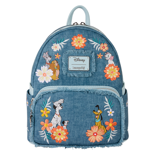Disney Dogs & Cats Floral Faux Denim Fringe Mini Backpack