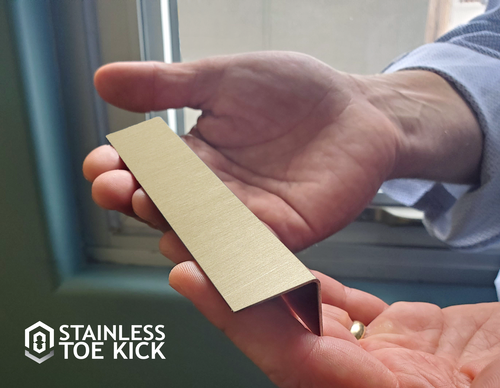 Brass Toe Kick Corner Angle- (Matte Gold Finish) adds a professional finish to the corners of your brass toe kick.