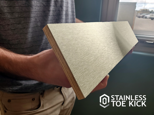 Brass Toe Kick with Rigid Backing (Grained Finish) is professionally bonded to a strong plywood core to make it compatible for cabinets without traditional cabinet bases.