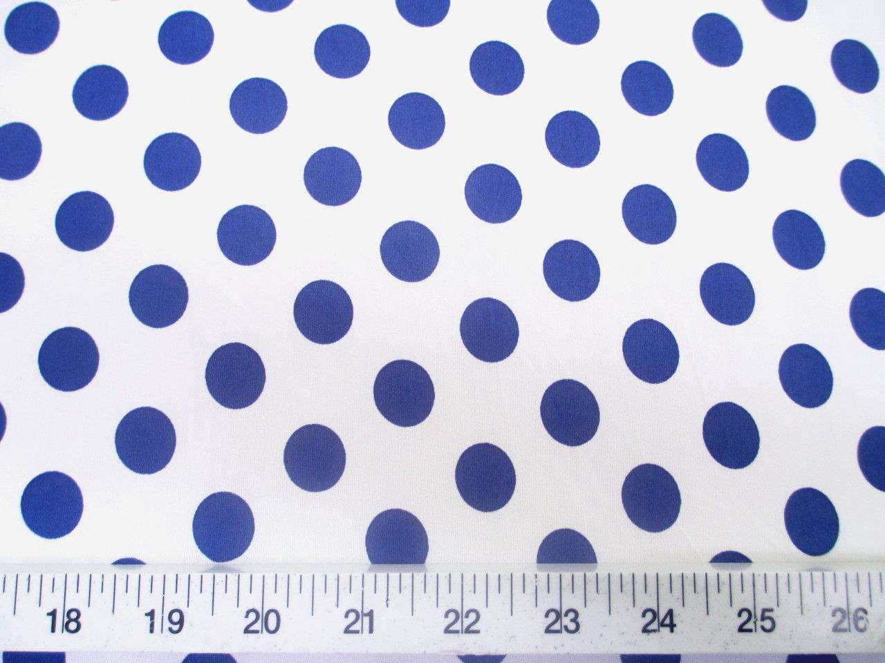 Discount Fabric Printed Lycra Spandex Stretch White with Blue Polka Dots G202