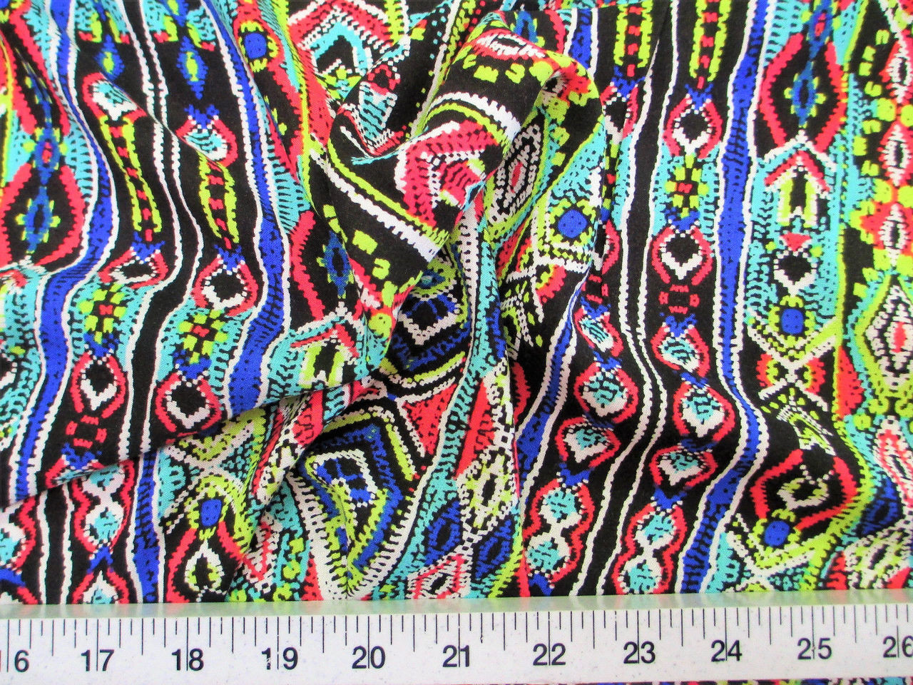 Discount Fabric Challis Rayon Apparel Turquoise Pink Blue and Green Aztec G302