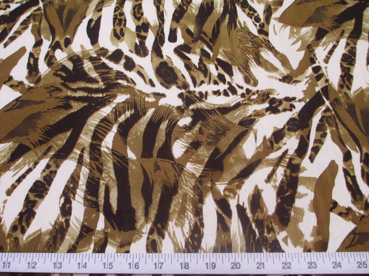 Discount Fabric Printed Jersey Knit ITY Stretch Big Cat Stripe Olive Brown E201