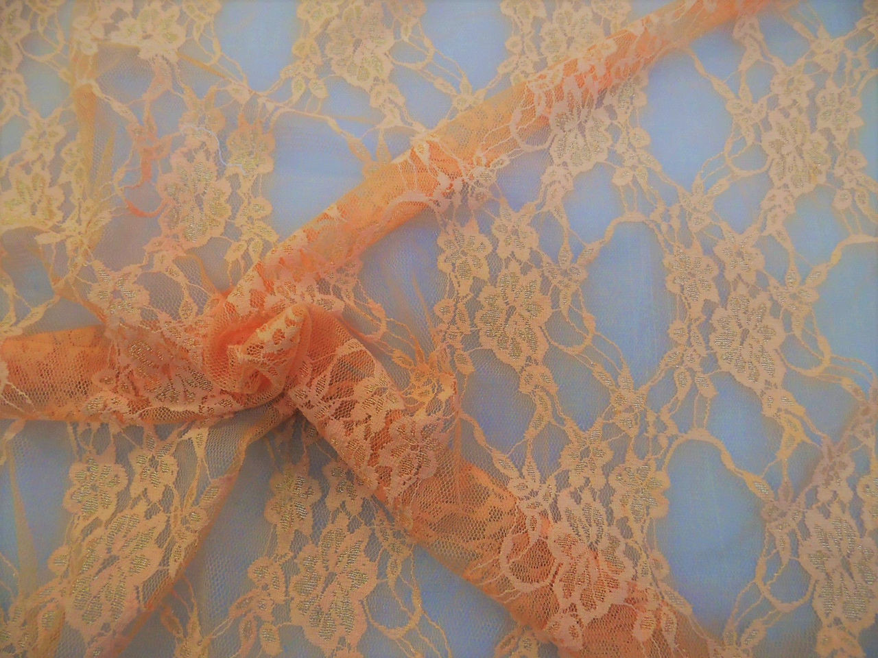 Discount Fabric Stretch Mesh Lace Light Orange Floral Sheer Metallic Sheen A602