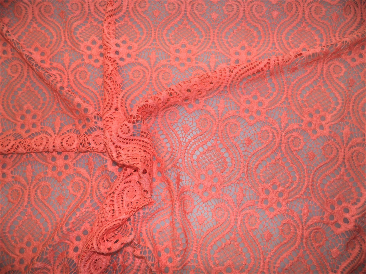 Discount Fabric Stretch Mesh Lace Coral Pink Embroidered Fleuron Bulb Sheer B700