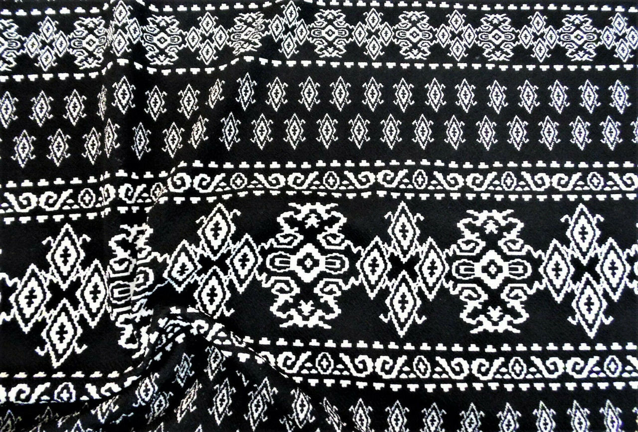 Printed Liverpool Textured Fabric 4 way Stretch Black Ivory Aztec H602