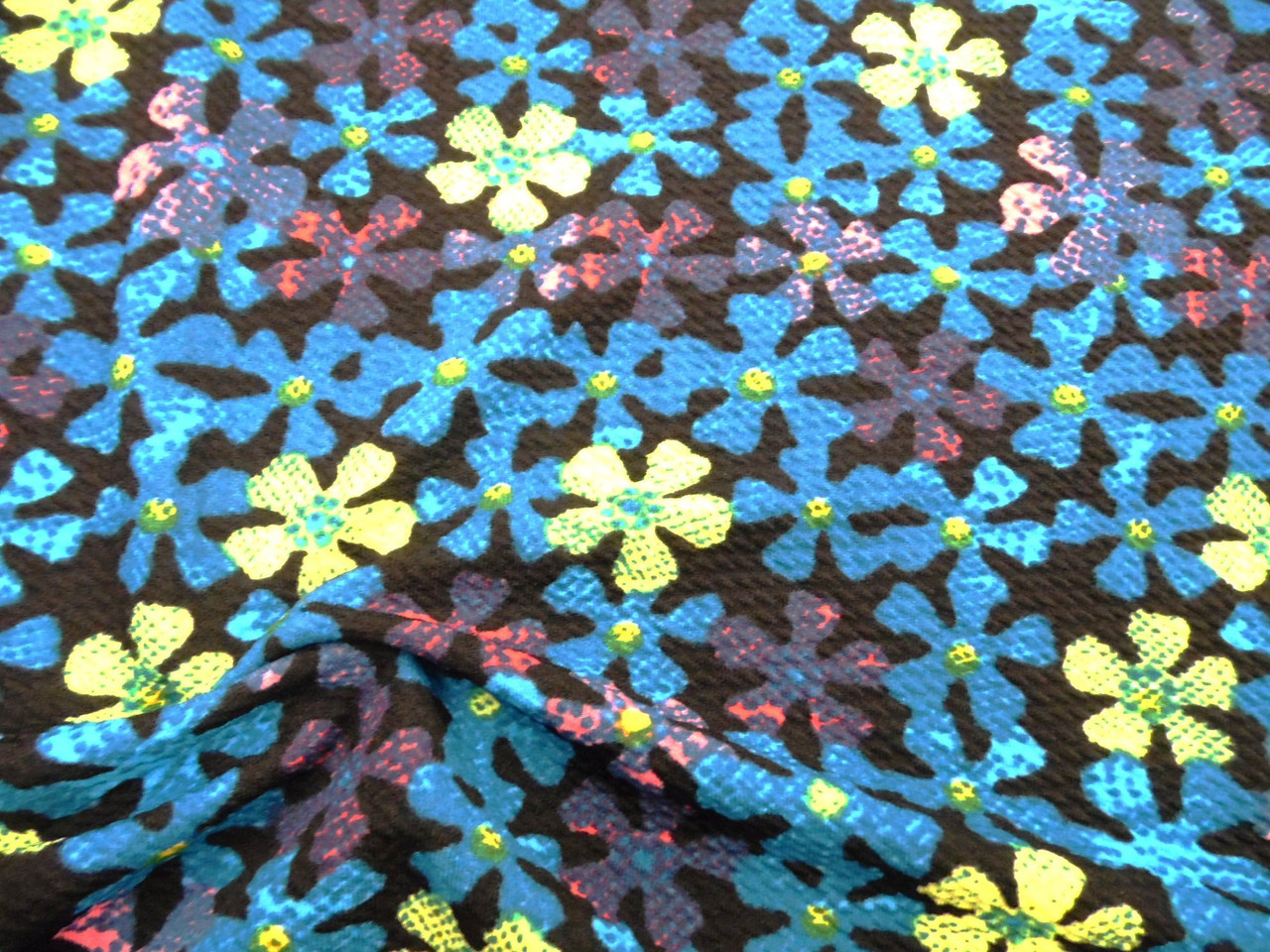 Bullet Printed Liverpool Textured Fabric 4 way Stretch Blue Yellow Pink Floral U35