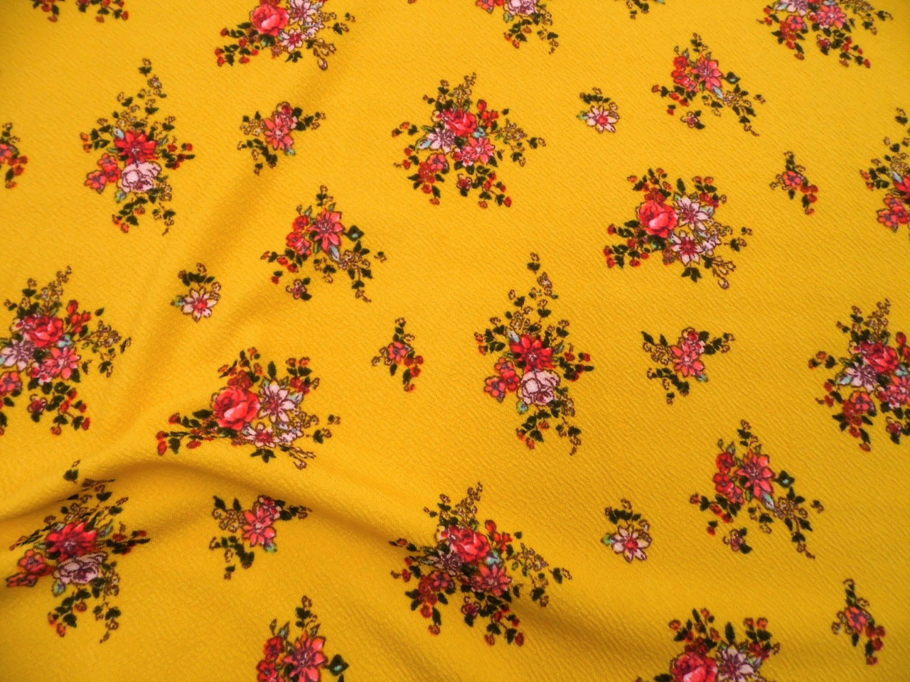 Printed Liverpool Textured 4 way Fabric Stretch Yellow Red Pink Mint Floral Bouquet I400