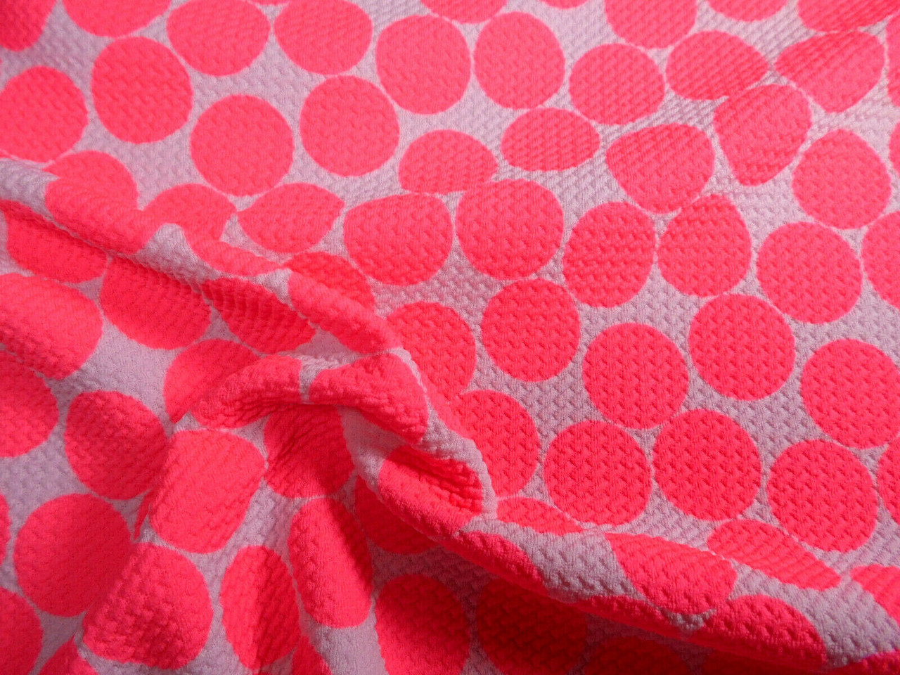 Bullet Printed Liverpool Textured Fabric Stretch White Big Neon Pink Polka Dot N31